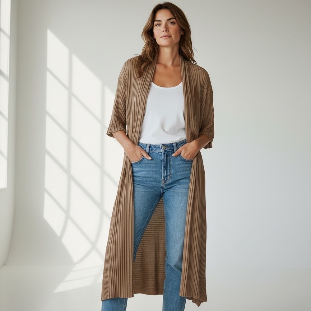 Adrienne Vittadini Tan Ribbed Cardigan Large